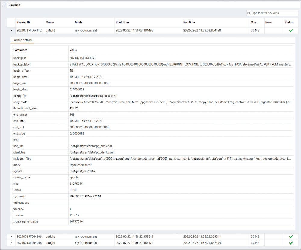 BARMAN dashboard - Backups panel